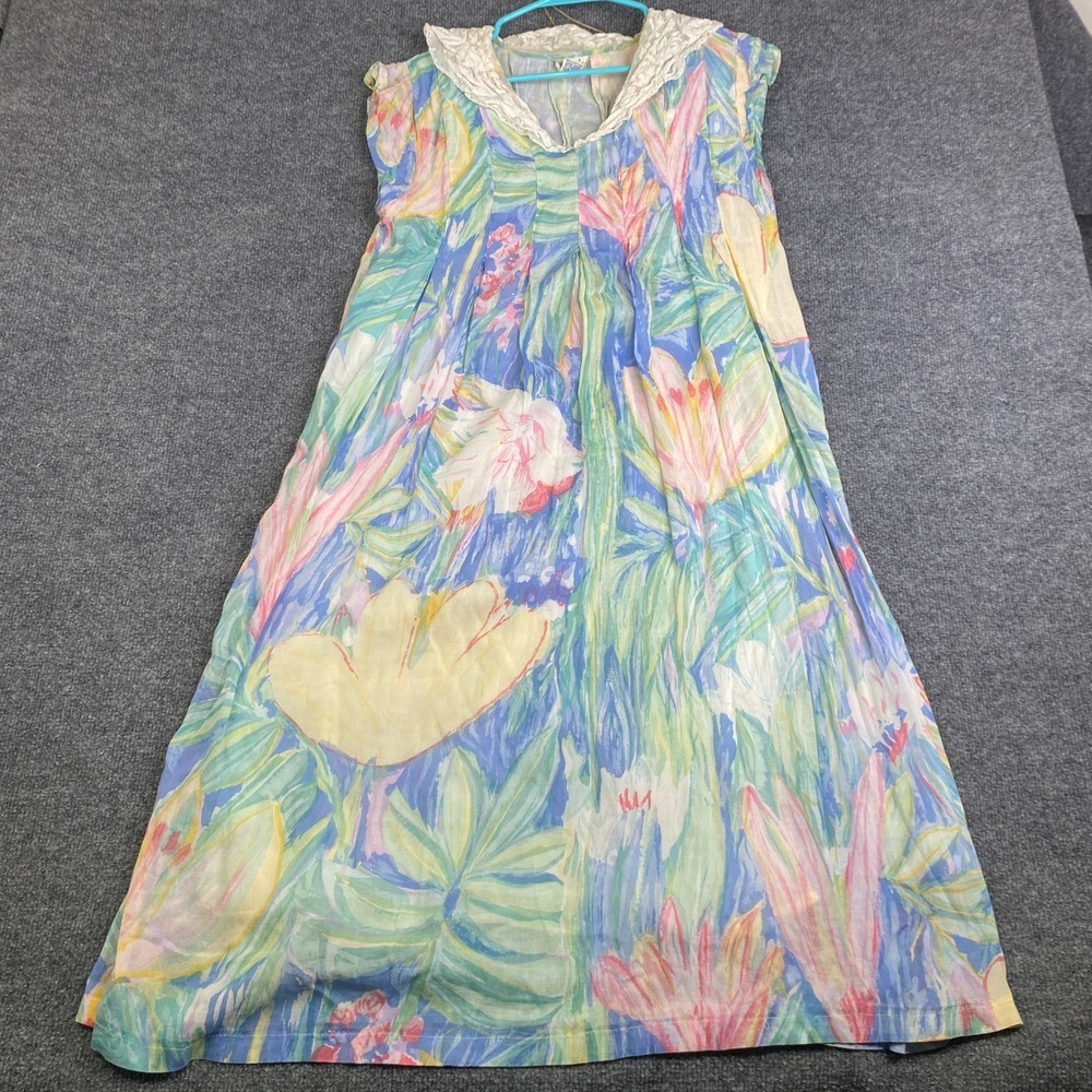 Rene Derhy Vintage Floral Cotton Maxi Dress Lace Collar Watercolor Print Medium